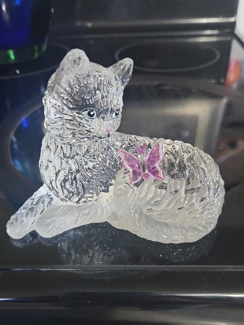 Bradford 'Smitten' Sophisticats Crystal Glass 5.5" Cat w/Butterfly Figurine